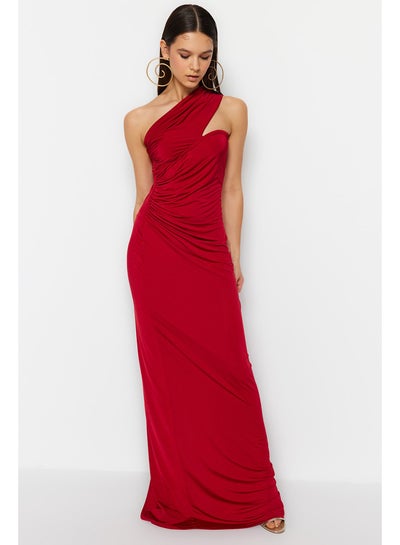 Buy Burgundy One-Shoulder Gathered Detailed Long Evening Evening Dress TPRSS23AE00257 in Egypt