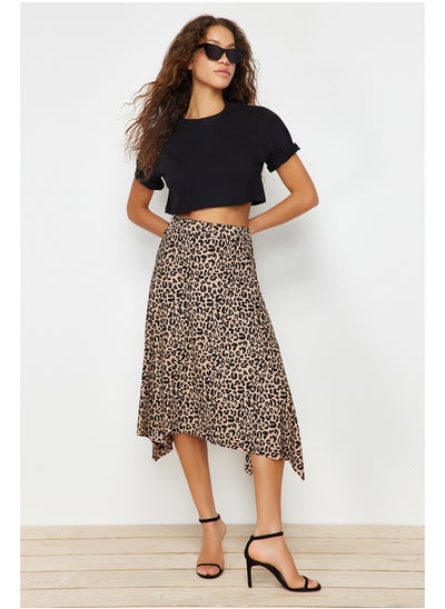 Buy Brown Leopard Pattern Flounce Asymmetric Midi Flexible Knitted Skirt TWOAW20ET0440 in Egypt