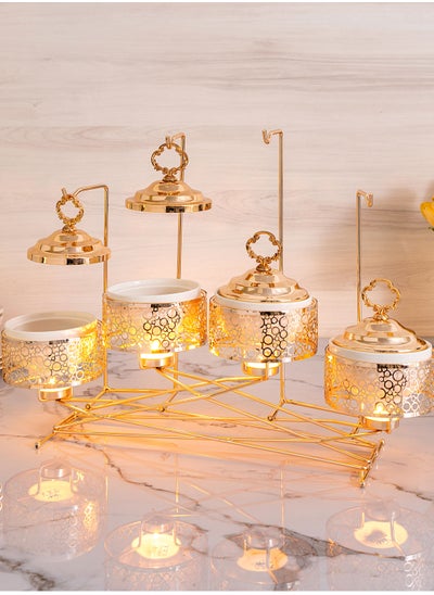 Buy 4 PCs Round Food Warmer Set with Candle Stand Gold in Saudi Arabia