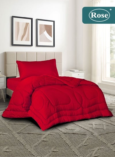 Buy ROSE Classic tripped luxury hotel comforter, Made of premium Microfiber, Set of 3 pieces, Soft lightweight, Extra Twin size , Red in Saudi Arabia
