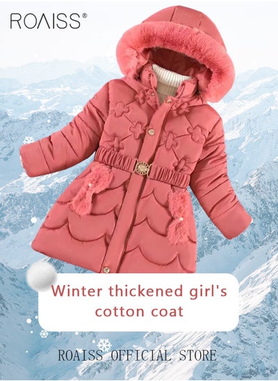 Buy Children's Soft and Skin-Friendly Mid-Length Winter Coat with Fleece and Fur Collar—Solid Color Down Jacket with Simple Design and Zip Featuring Cartoon Pattern in UAE