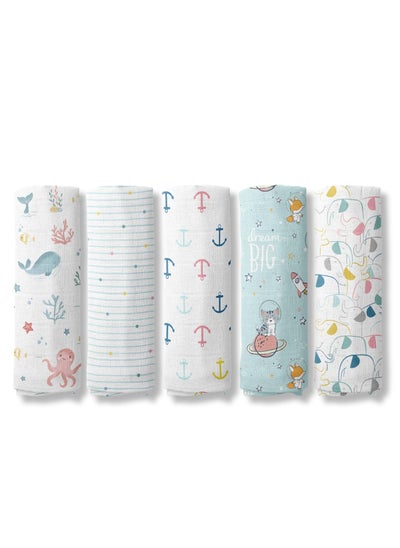 اشتري Fiddly's Muslin Swaddle, Baby Blanket, Burp Cloth - Large Muslin Bamboo Cotton (Pack of 5) في الامارات