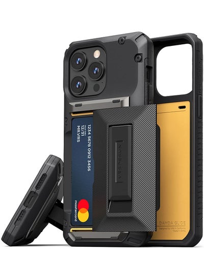 Buy Damda Glide Hybrid iPhone 14 Pro Max Case Cover Wallet with Semi Automatic Credit Card Holder Slot (3-4 Cards) & Kickstand - Black Groove in UAE
