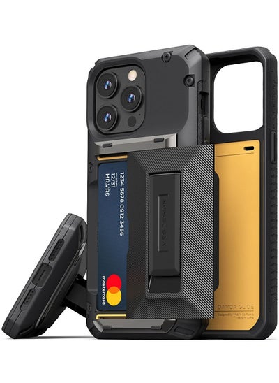 اشتري Damda Glide Hybrid iPhone 14 Pro Max Case Cover Wallet with Semi Automatic Credit Card Holder Slot (3-4 Cards) & Kickstand - Black Groove في الامارات