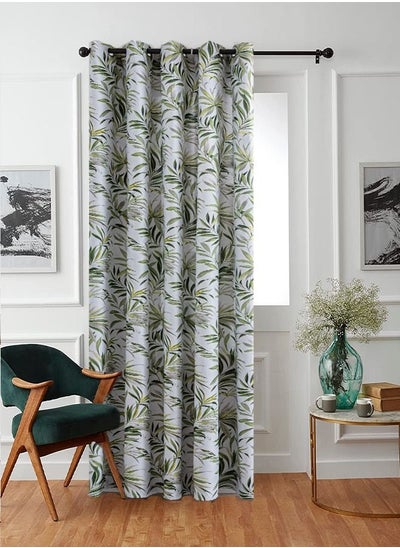 اشتري Bamboo Leaf Pattern Print Room Darkening Thermal Insulated Blackout Window Curtain Green/White 200x270cm في السعودية