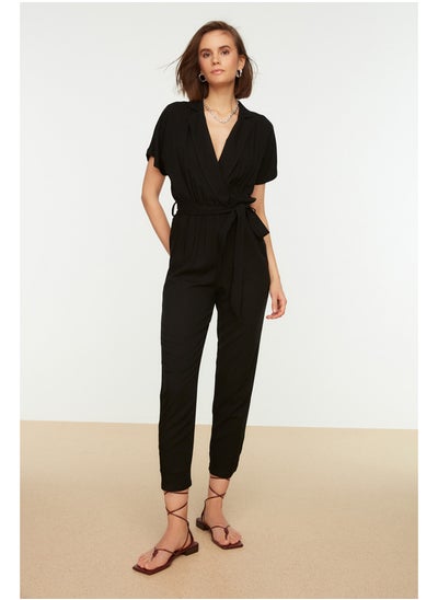 Buy Black Lacing Detailed Double Breasted Collar Woven Jumpsuit TWOSS19LJ0158 in Egypt