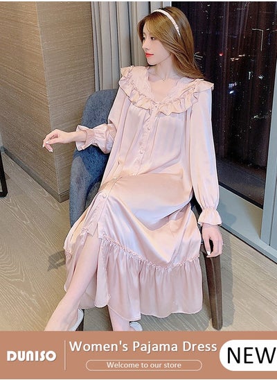 Buy Women's Long Sleeve Nightgown, Soft Comfortable Cotton Sleepwear Dress, Breathable V Neck Ice Silk Home Wear, Lounge Dress for Can Be Worn Outside in UAE