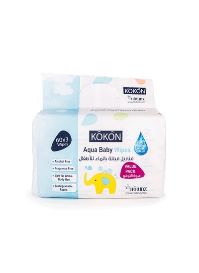 Buy Pack Of 180 Aqua Baby Wipes, 3 X 60 Wipes, 1 Kit in Saudi Arabia