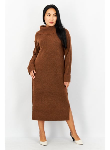 اشتري Women High Neck Long Sleeves Textured  Sweater Dress, Brown في السعودية