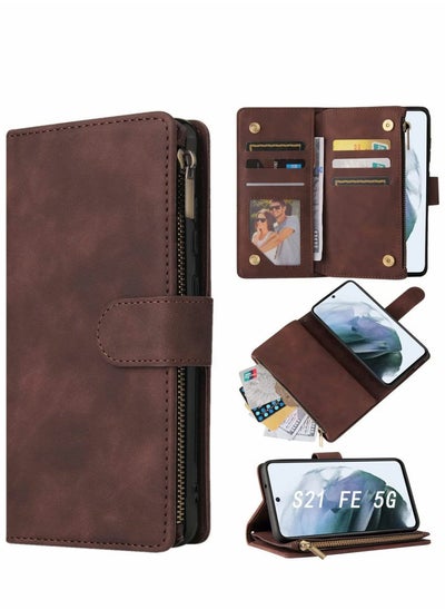 اشتري Case for Samsung S21 FE 5G Wallet Case with Card Slot Premium Soft PU Leather Zipper Flip Folio Wallet with Wrist Strap Kickstand Protective for Samsung Galaxy S21 FE Case 6.4 inch Coffee في السعودية