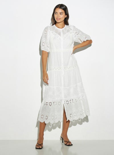 Buy 2Xtremz Schiffli Textured Tiered Midi Dress with Ruffles and Short Sleeves in Saudi Arabia