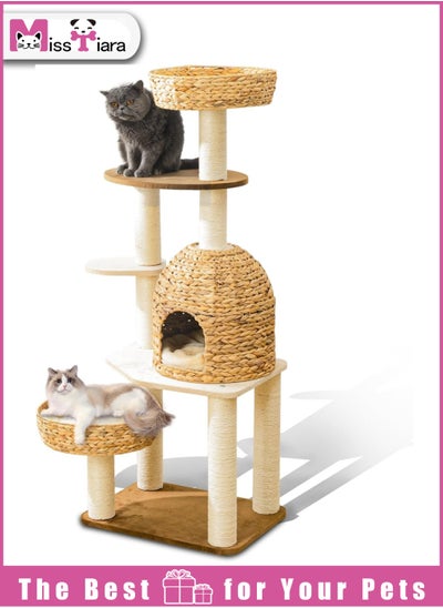 Buy Modern Cat Tree Tower for Large Cats, Cat Furniture Scratching Tree for Indoor Cat, Real Natural Water Hyacinth Cat Condo, Manual Hand Woven Tall Wood Cat House, New Cat Condo Unique Cat Gift in UAE