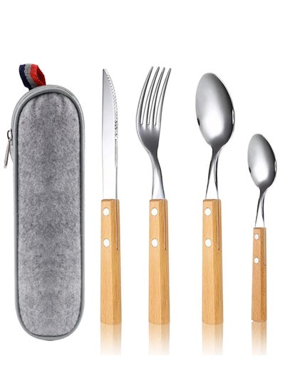 Buy Cutlery Sets, Set of 4 Stainless Steel Kitchen Tableware, Wooden Handle Knife and Fork Sets, Portable Reusable Cutlery Set, Travel Cutlery Set, Picnic Cutlery in UAE