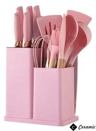Buy Kitchen Utensils Set of 19 Silicone Cooking Utensils with Holder Non stick Cookware Friendly And Heat Resistant Pink in UAE