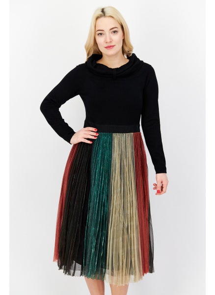 اشتري Women Pleated Midi Casual Dress, Black Combo في الامارات