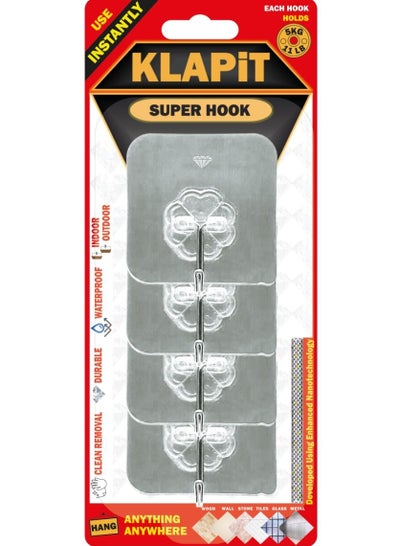 Buy Hooks for Walls, Tiles, Stones, Acrylic, Glass and Metal. Heavy Duty Adhesive Holds Up To 5Kg. Waterproof Strong Steel Hook, Damage Free With Clean Removal KLAPiT SUPER HOOK Silver 4pc in UAE