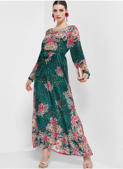 Buy Belted Floral Printed Jalabiya in UAE