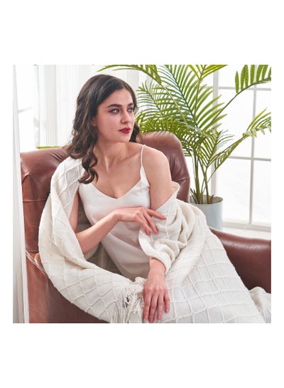 Buy Knitted Throw Blankets for Couch and Bed, Soft Cozy Knit Blanket with Tassel, Off White Lightweight Decorative Blankets and Throws, Farmhouse Warm Woven Blanket for Men and Women (127CM x 180CM) in UAE