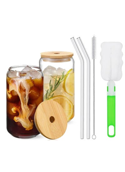 Buy Drinking Glasses with Bamboo Lids and Glass Straw, 1 Can Shaped Glass Cups, Tumbler Cup Ideal For  Tea, Soda, Iced Coffee Include Cleaning Brushes in UAE