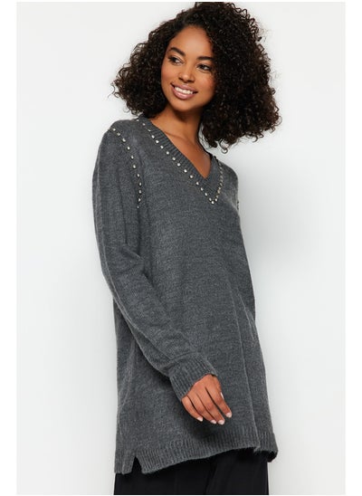 Buy Anthracite Embellishment Detailed V-Neck Soft Knitwear Sweater TCTAW24AK00148 in Egypt