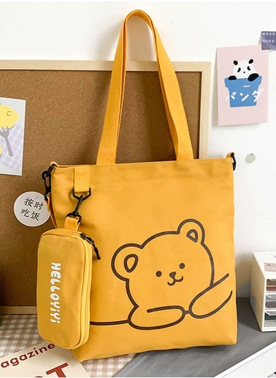 اشتري Lovely Bear Printed Student Shoulder Bag Portable Large Capacity Bookbag Foldable Tote Canvas Bag with Pencil Pouch Yellow في الامارات