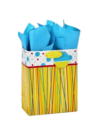 اشتري 9" Medium Gift Bag With Tissue Paper (Yellow With Multicolored Stripes And Polka Dots) For Birthdays Baby Showers Or Any Occasion في السعودية