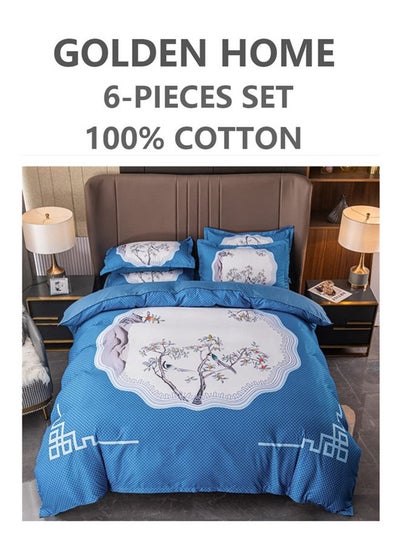 Buy 6-Piece King Size Printed Cotton Duvet Cover Set Includes 1xFitted Bedsheet 200x200+30cm, 1xDuvet/Bed Cover 220x240 cm, 4xPillow cover 50x75cm Multicolour in UAE