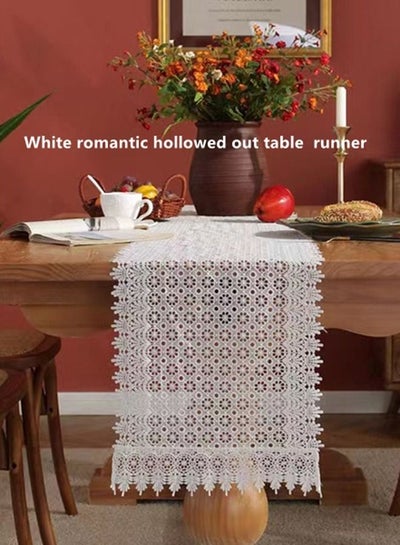 Buy 1-Piece Romantic White Flower Shape Hollowed Out Lace Tablecloth/ Table Runner Polyester Fiber White 32 x 180 Centimeter in UAE