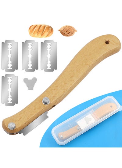 Buy Bread Slicer, Bread Lame Wooden Handle Bread Slashing Tool Dough Scoring Knife, Made Of Wooden And Stainless, Ergonomic Design With 5 Pieces Replaceable Blades For Bread Making Kitchen Accessories in UAE