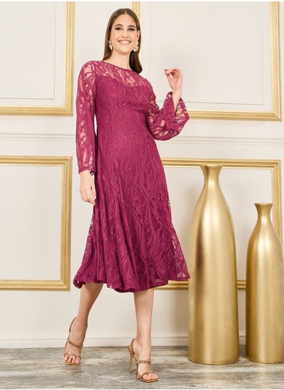 Buy All Over Lace Flared Sleeves A-Line Midi Dress in Saudi Arabia