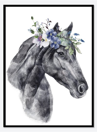 Buy Horse with Flowers Safari Nursery Wall Art Poster with Frame 50x40cm in UAE