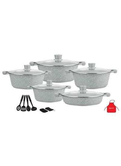 اشتري DESSINI 17-Piece Granite Cookware Set Includes 1xCasserole With Lid 20cm, 1xCsserole With Lid 24cm, 1xCasserole With Lid 28cm, 1xCasserole With Lid 32cm, 1xShallow Casserole With Lid 28cm, 7xCooking Tools Grey في الامارات