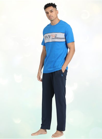 Buy Men's Cotton Pyjama Sets with Round Neck T-shirt in Grey and Black long pants in UAE