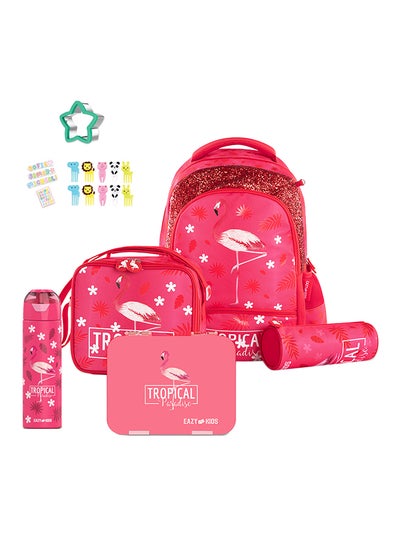 Buy Eazy Kids 17Inch Set of 5 School Bag with Bento Box Stainless Steel 640ml Water Bottle Lunch Bag and Pencil Case - Tropical Pink in Saudi Arabia