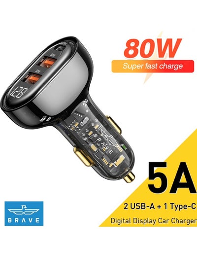 اشتري BRAVE 80W 3 Ports Super Fast Car Charger Adapter PD3.0 & QC3.0 with Digital Display Compatible with iPhone 14/13/12 Pro Max/Pro/Samsung Galaxy 22/Google Pixel في الامارات