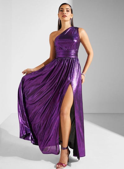 Buy One Shoulder Satin Side Slit Dress in UAE