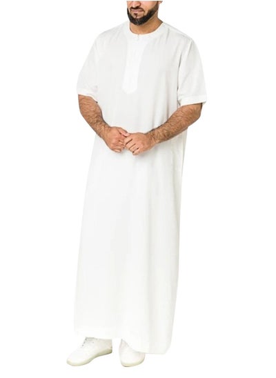 اشتري Men's Muslim Loose Casual Robe Thobe Solid Color Round Neck Short Sleeve Kaftan White في الامارات