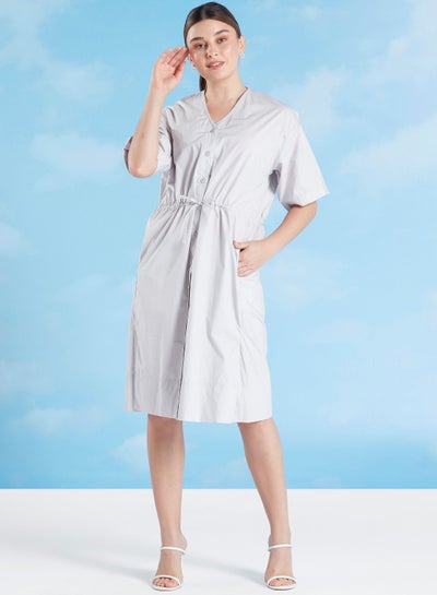 Buy Solid Midi Shirt Dress with V-neck and Pocket Detail in Egypt