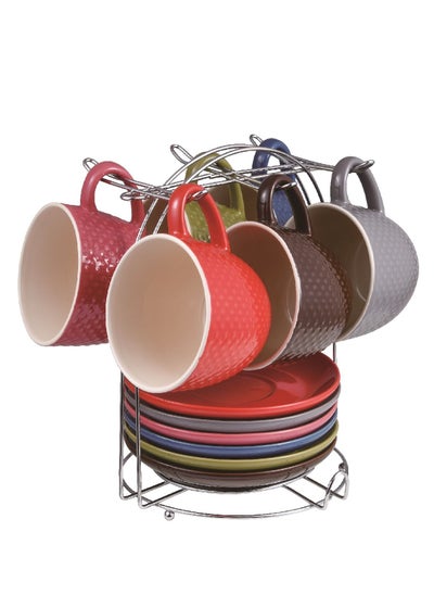 اشتري Millerhaus 13Pc Tea Set Stoneware Set Include 6Pc Tea Cup 220ML 6Pc Saucer 1Pc Chrome Stand Multicolor في الامارات