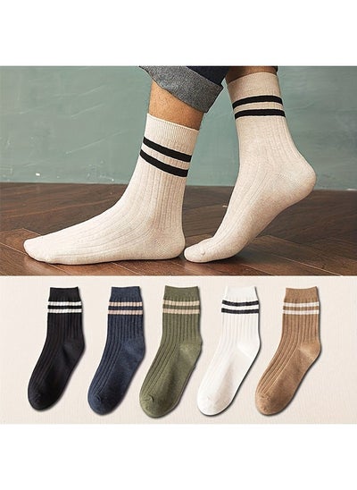 Buy Men's 100% Cotton Mid-calf Socks - Striped, Sweat-wicking, Odour-resistant - Pack Of 5, Assorted Colors in Saudi Arabia