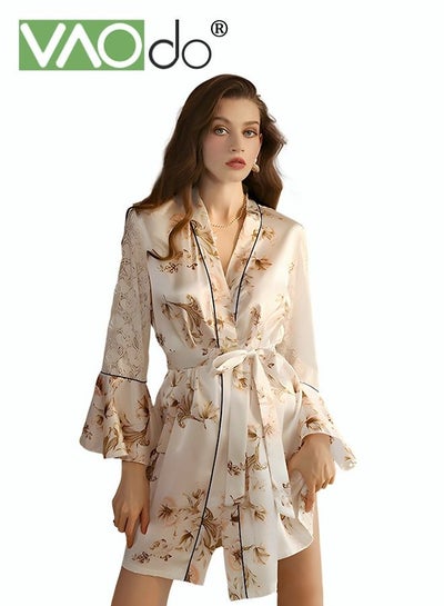 Buy Women's Bathrobe Light Luxury Ice Silk Satin Cool Feeling Nightgown Trumpet Sleeve Design Breathable Skin-friendly Bathrobe Design And Color in UAE