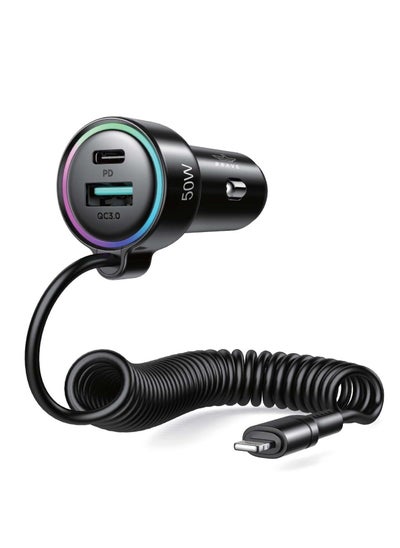 اشتري BRAVE 50W 3 Port Super-Fast Car Charger PD QC3.0 with 5ft 20W Lightning Coiled Cable Compatible with iPhone 14 13 12 11 Pro Max X XR XS 8 Samsung Galaxy Note 20/10 S21/20/10 Google Pixel and many more في الامارات