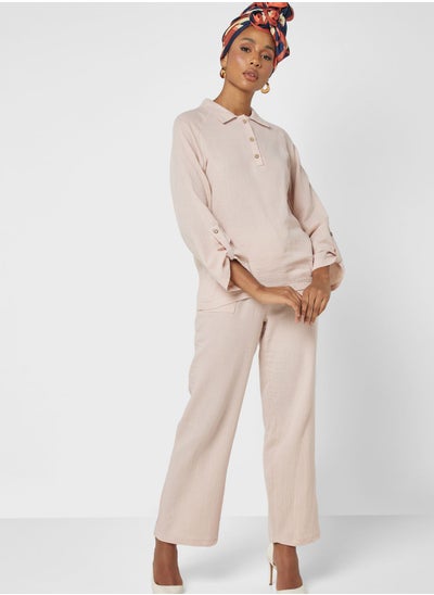 Buy Belted Sleeve Detail Top And Pant Set in Saudi Arabia