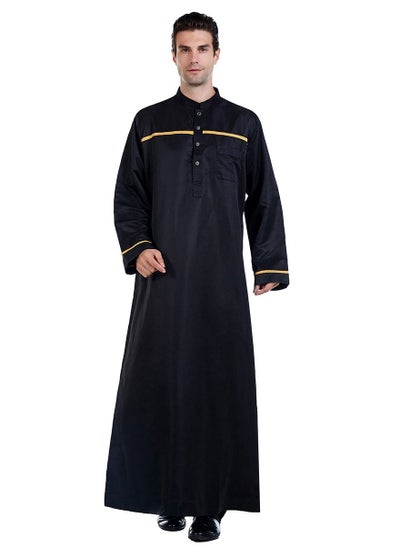 اشتري Mens Stand Collar Concise Style Long Sleeve Abaya Robe Islamic Arabic Casual Kaftan Black في السعودية