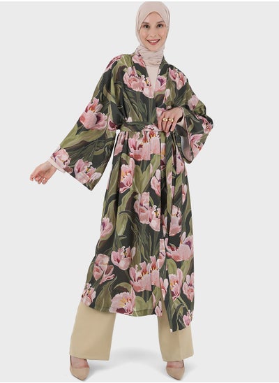 Buy Floral Printed Flute Sleeve Tie Detail Kimono in Saudi Arabia