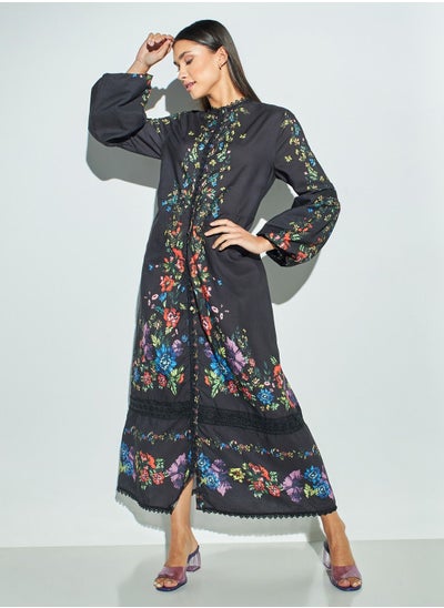 Buy 2Xtremz Floral Print Dress with Mandarin Neck and Bell Sleeves in Saudi Arabia