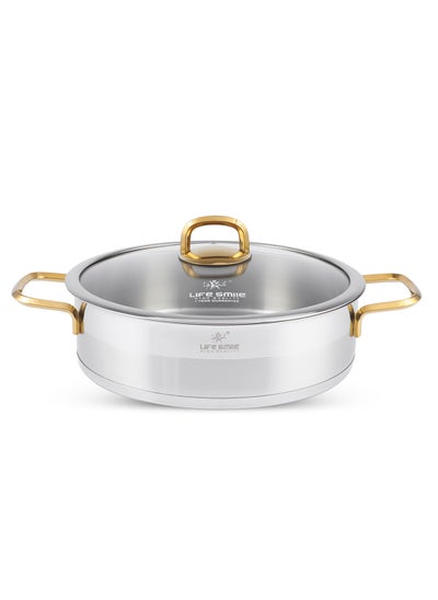 Buy 24cm (3 Liter) LIFE SMILE Shallow Pot with Lid - 18/10 Pure Stainless Steel - Induction Base Double Handle Fry Pan - Non-Toxic, 100% PFOA, PTFE & PFOS Free - Oven Safe Saute Pan in UAE