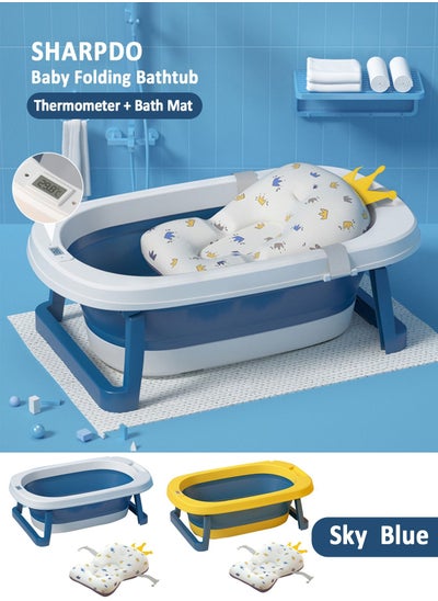 Buy Foldable Baby Bathtub With Thermometer Bath Cushion Pillow Portable Safe Collapsible Bathtub For Children With Temperature Sensing Multifunction Children Shower Basin Blue in Saudi Arabia