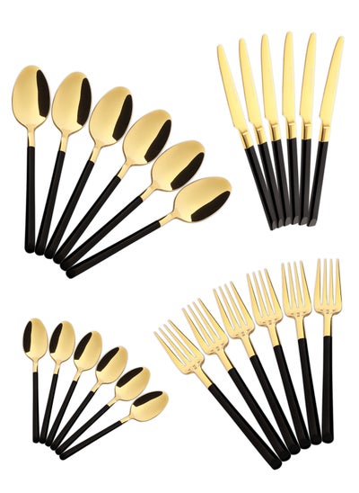 Buy 24 Pieces Cutlery Set Service for 6 person,Pure Stainless Steel Flatware Set,Mirror Polished Cutlery Utensil Set Include Spoon/Fork/Knife/Tea Spoon(SHINY GOLD HEAD & SHINY BLACK HANDLE) in UAE