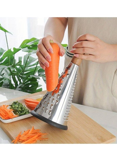 Buy Stainless Steel Triple Grater for Vegetables and Cheese, Conical Grater with 3 Grating Wooden Handle and Non-Slip Rubber Base Multifunctional Grater in Egypt